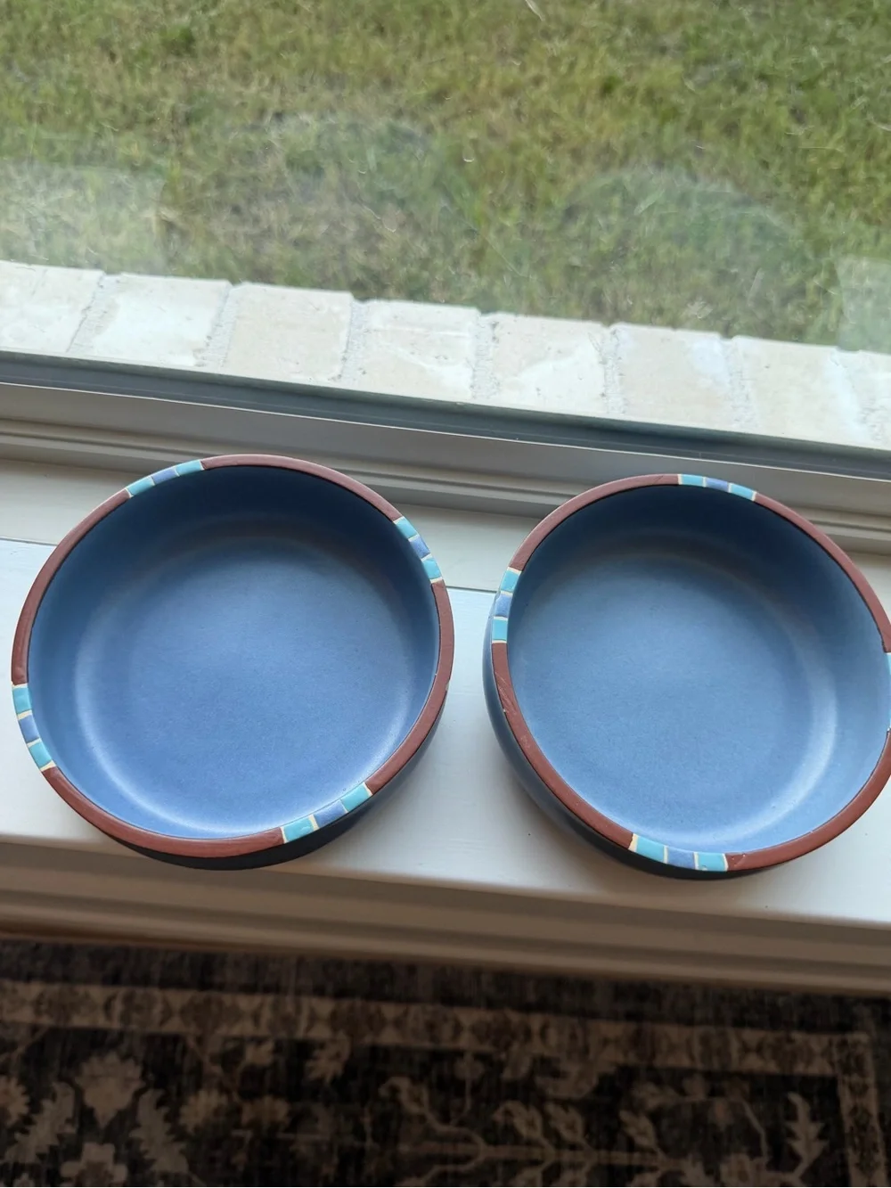 Dansk Blue Ceramic Serving Bowls with Brown Rim and Turquoise Accents - Set of 2